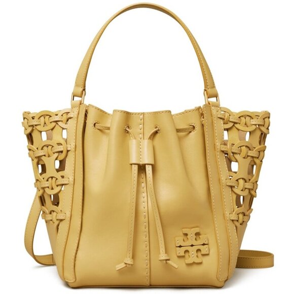 Excellent Tory Burch McGraw Die-Cut Dragonfly Drawstring Satchel tan yellow - Picture 1 of 16